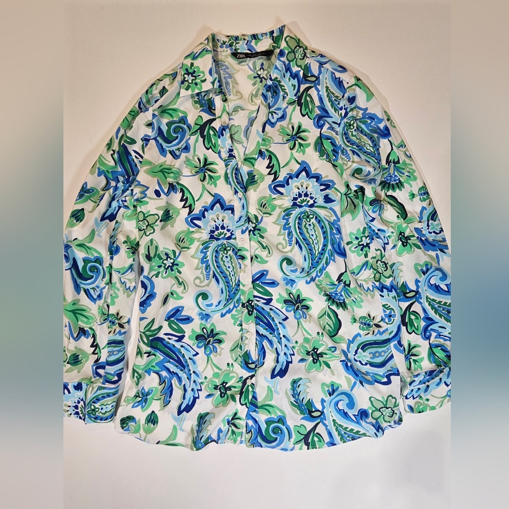 Zara Button Down Paisley Top Womens‎ Small Blue Green